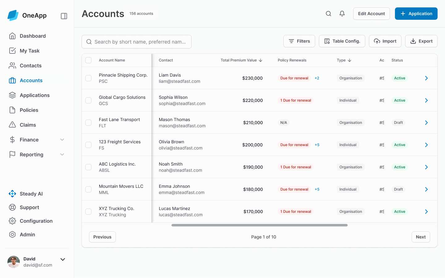 Account list — searchable, filterable table with configurable columns showing primary contact, policy updates, type, value and status