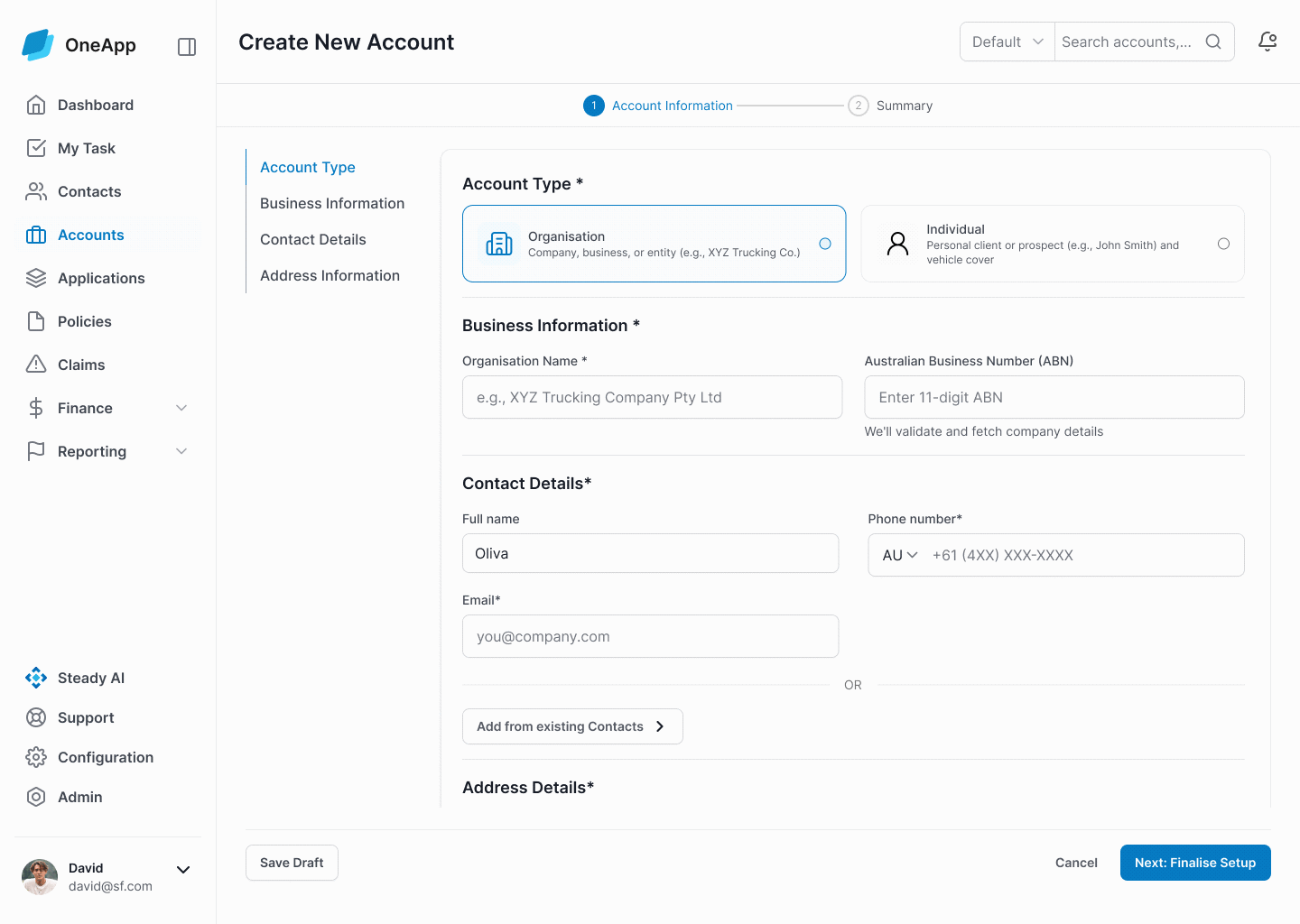 Create New Account — grouped form (7–8 fields per group), per-group progress, save-as-draft, summary review, post-create confirmation