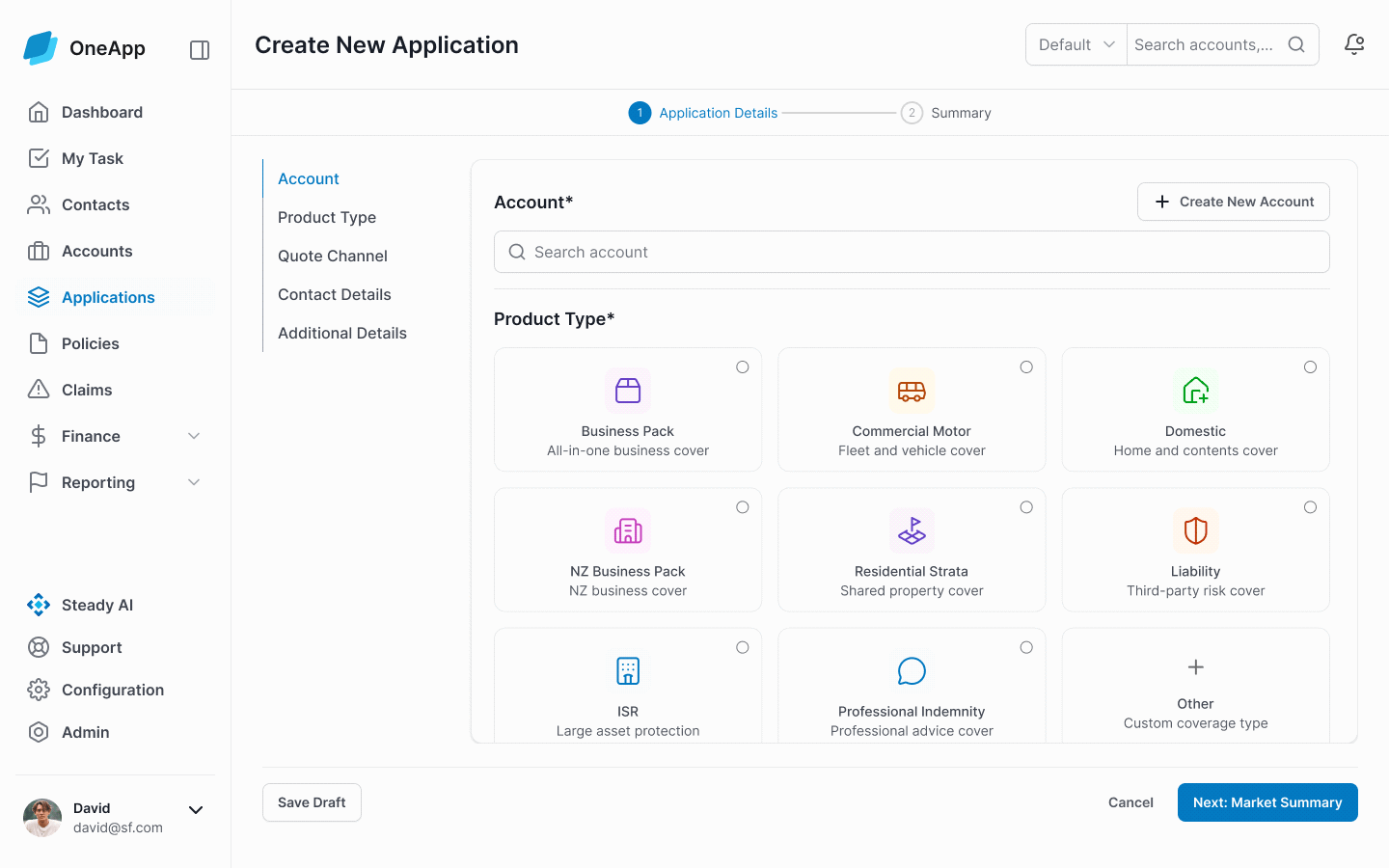 Create new application — grouped form with prefill, multi-insurer selection, summary review and AI eligibility prediction