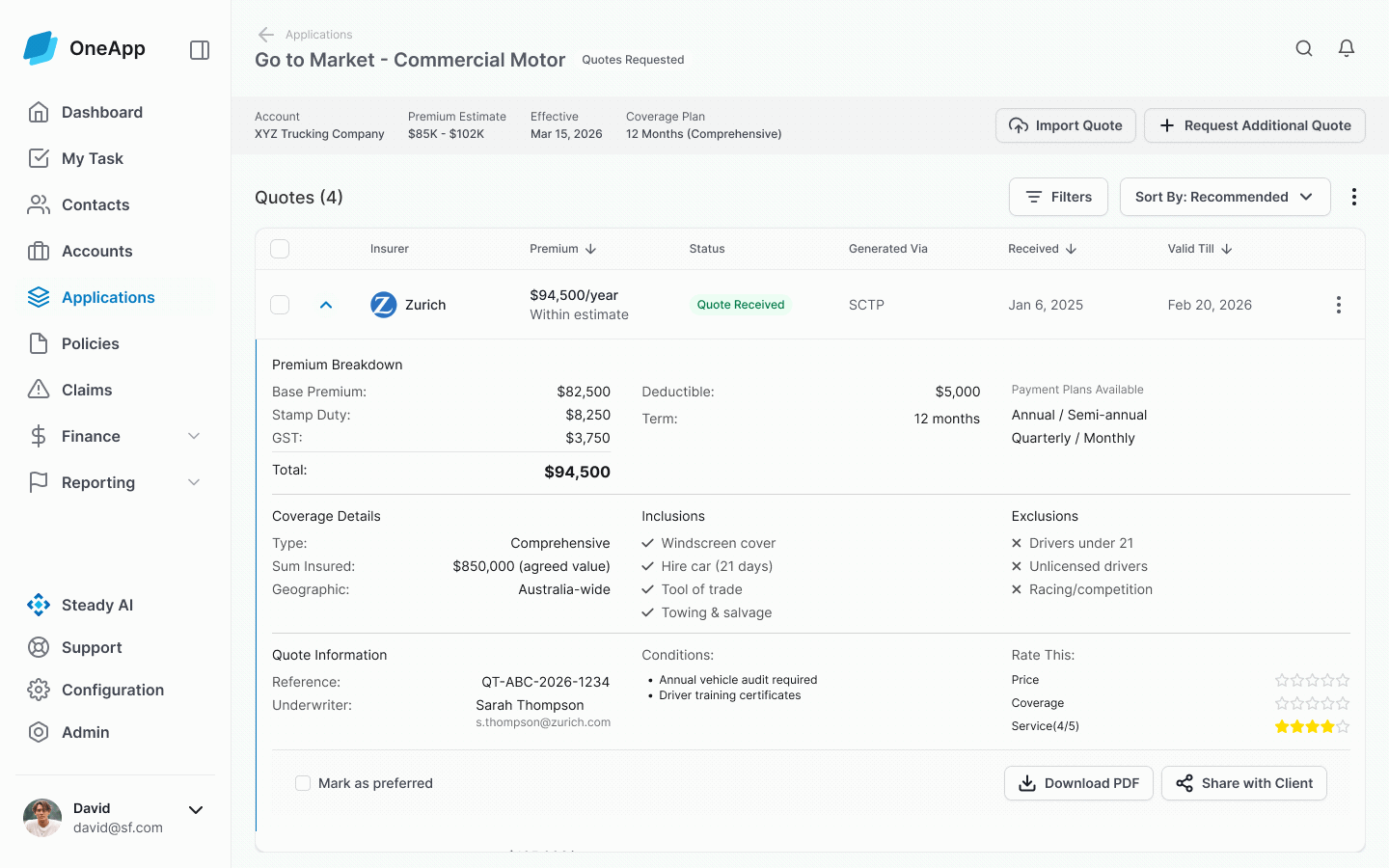Go to market list — incoming insurer quotes with review, negotiation, manual import and additional quote request