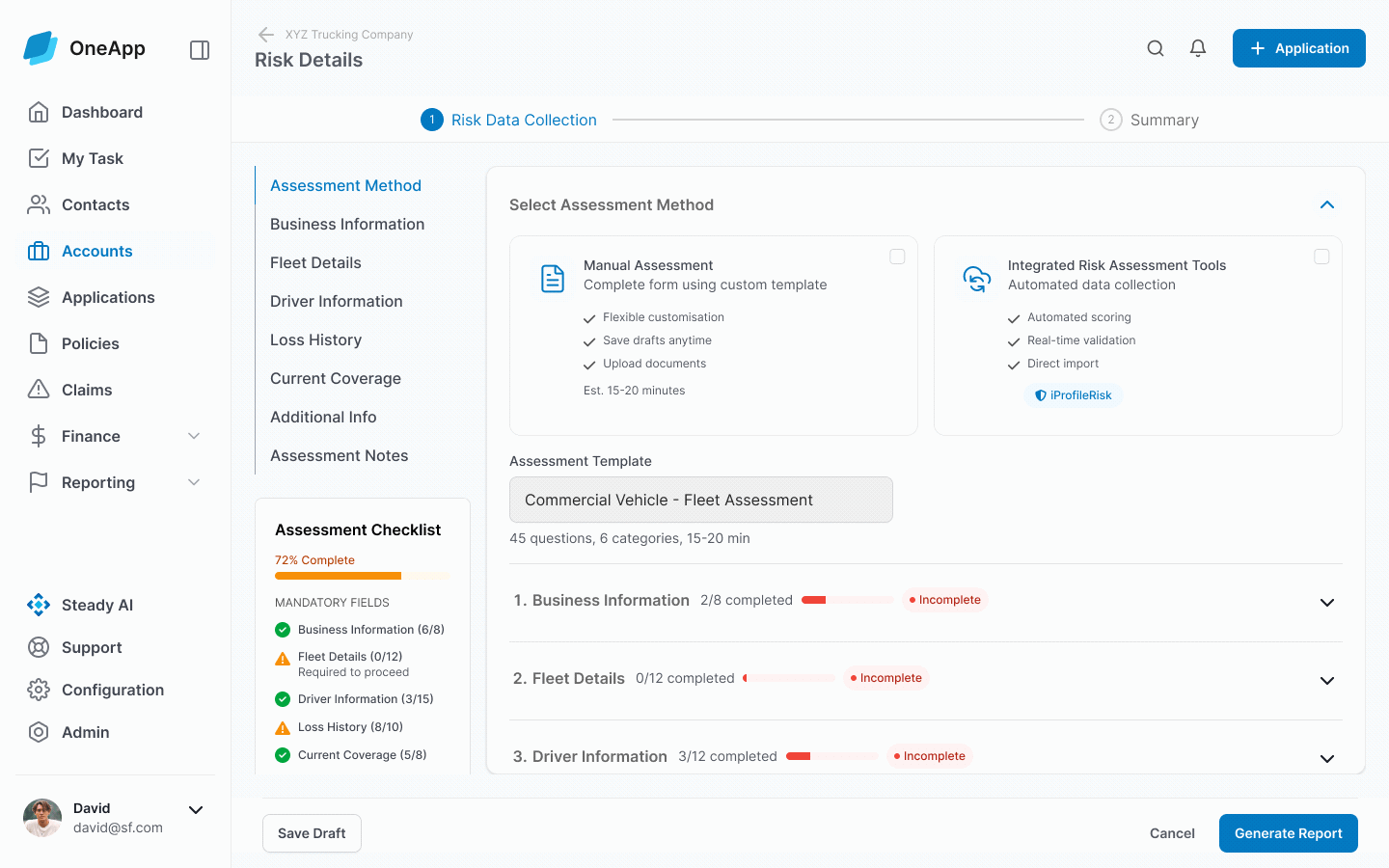 Risk assessment — third-party risk tools embedded into the platform with grouped fields and progressive steps