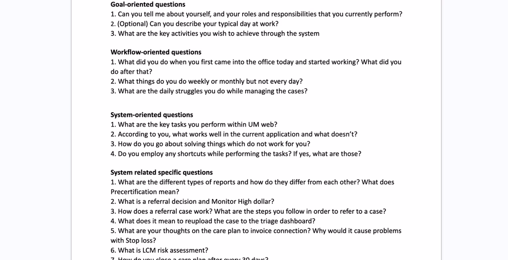 User research questions — discussion guide by role