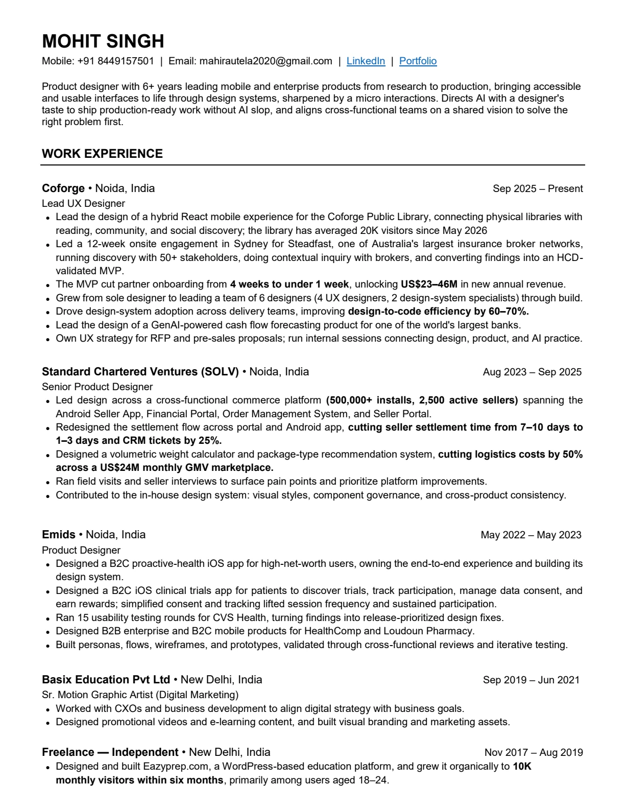 First page of Mohit Singh's updated resume