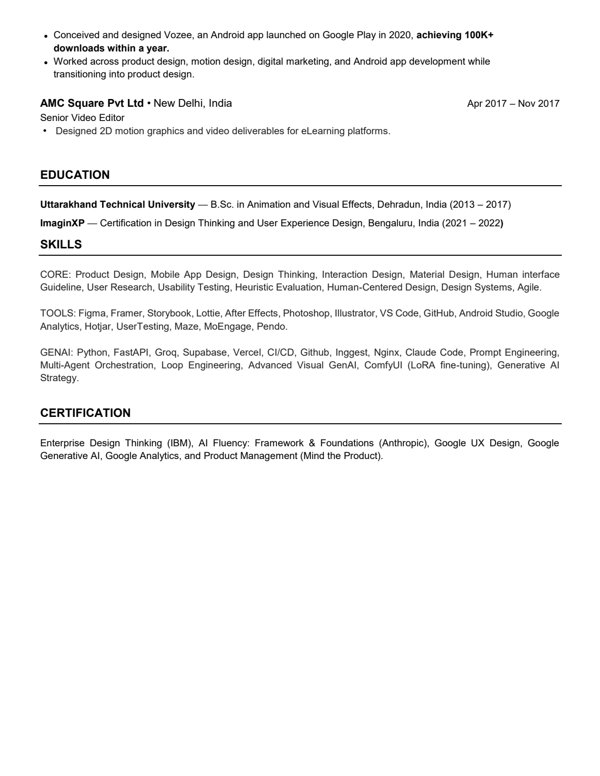 Second page of Mohit Singh's updated resume